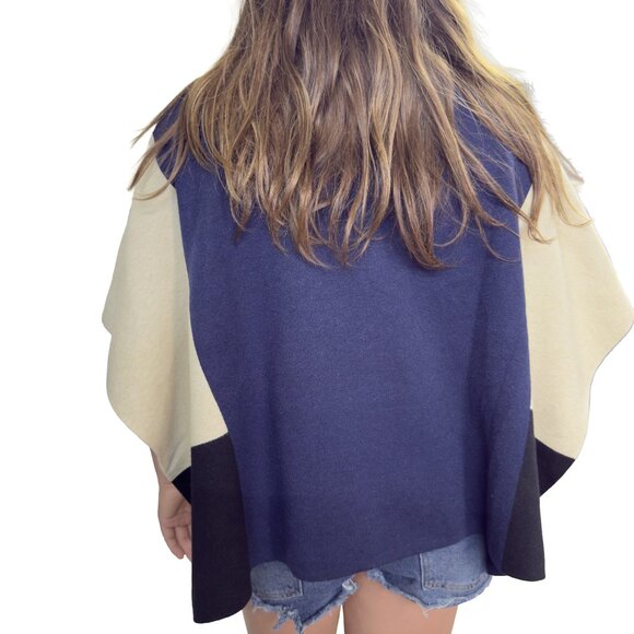 THML Colorblock Turtleneck Poncho Navy Cream Black Knit NWT Size Small - Picture 2 of 12